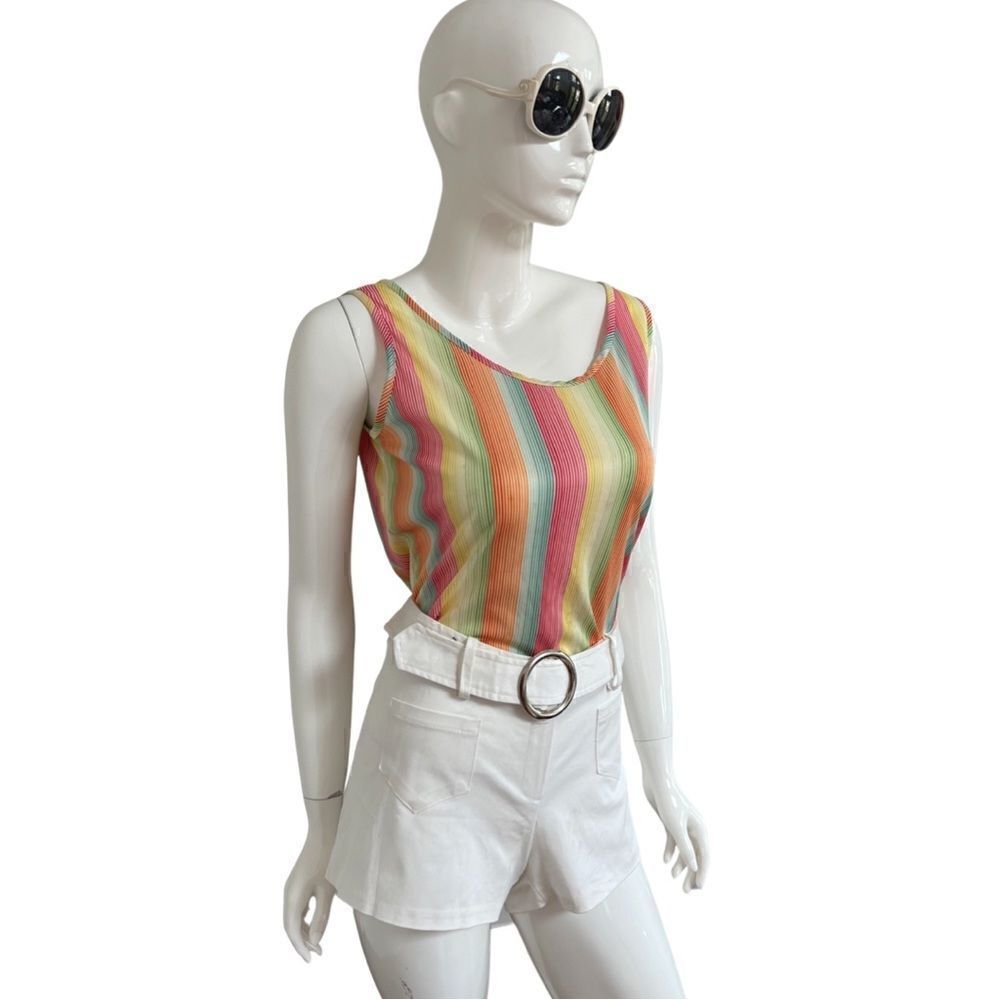 Groovy 1970s True Vintage Handmade Vivid Rainbow Stripe Flouncy Tank Blouse